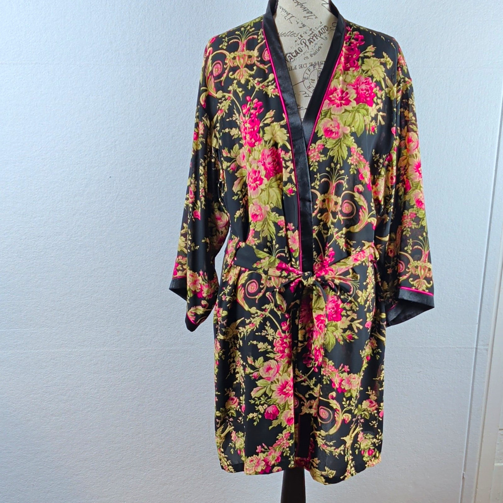 Oscar de la Renta Pink Label Floral Bird Kimono Robe Satin Look Black L XL Poly